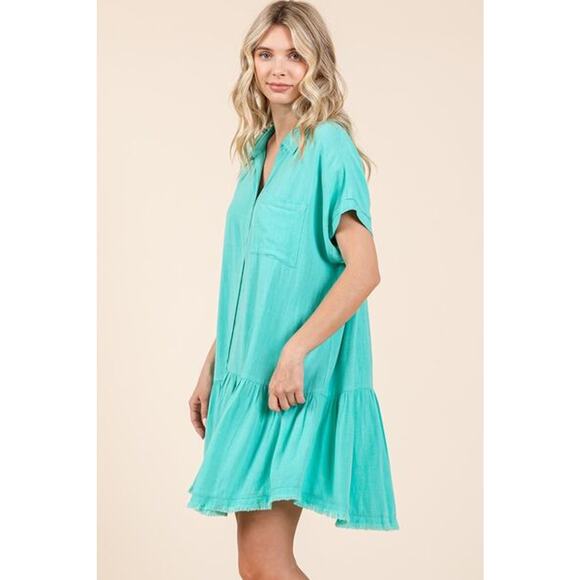 Mittoshop Linen Blend Button Down Pocket Chest Shirt Mini Dress | Tiffany Blue - Picture 4 of 6